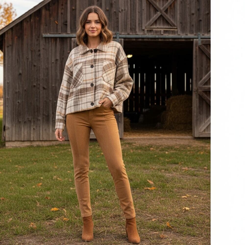 Plaid Wool Blend Barn Jacket XL Cropped Shacket Neutral Cabincore Western - Picture 3 of 11